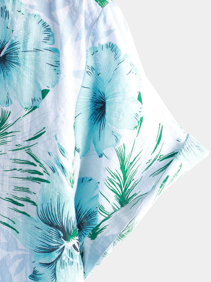 Men's Floral Tropical Button Up Blue Hibiscus Summer Holiday Beach Hawaiian Short Sleeve Shirt