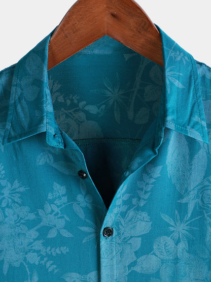 Men's Hawaiian Blue Floral Summer Beach Short Sleeve Shirt