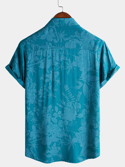 Men's Hawaiian Blue Floral Summer Beach Short Sleeve Shirt
