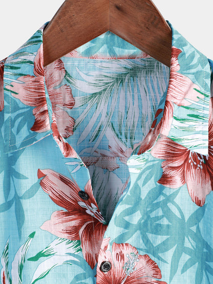 Men's Hawaiian Tropical Button Hibiscus Floral Print Vacation Beach Blue Short Sleeve Shirt