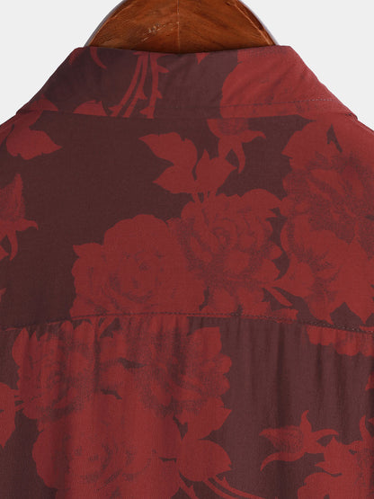 Men's Hawaiian Red Floral Summer Beach Short Sleeve Shirt