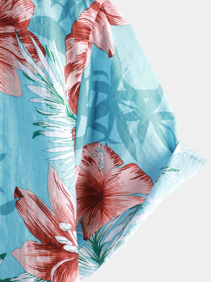 Men's Hawaiian Tropical Button Hibiscus Floral Print Vacation Beach Blue Short Sleeve Shirt
