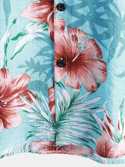 Men's Hawaiian Tropical Button Hibiscus Floral Print Vacation Beach Blue Short Sleeve Shirt
