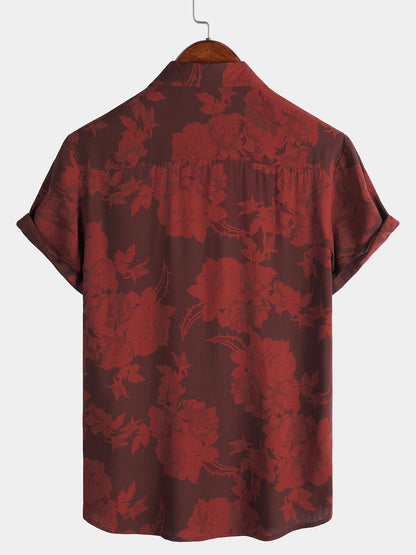 Men's Hawaiian Red Floral Summer Beach Short Sleeve Shirt