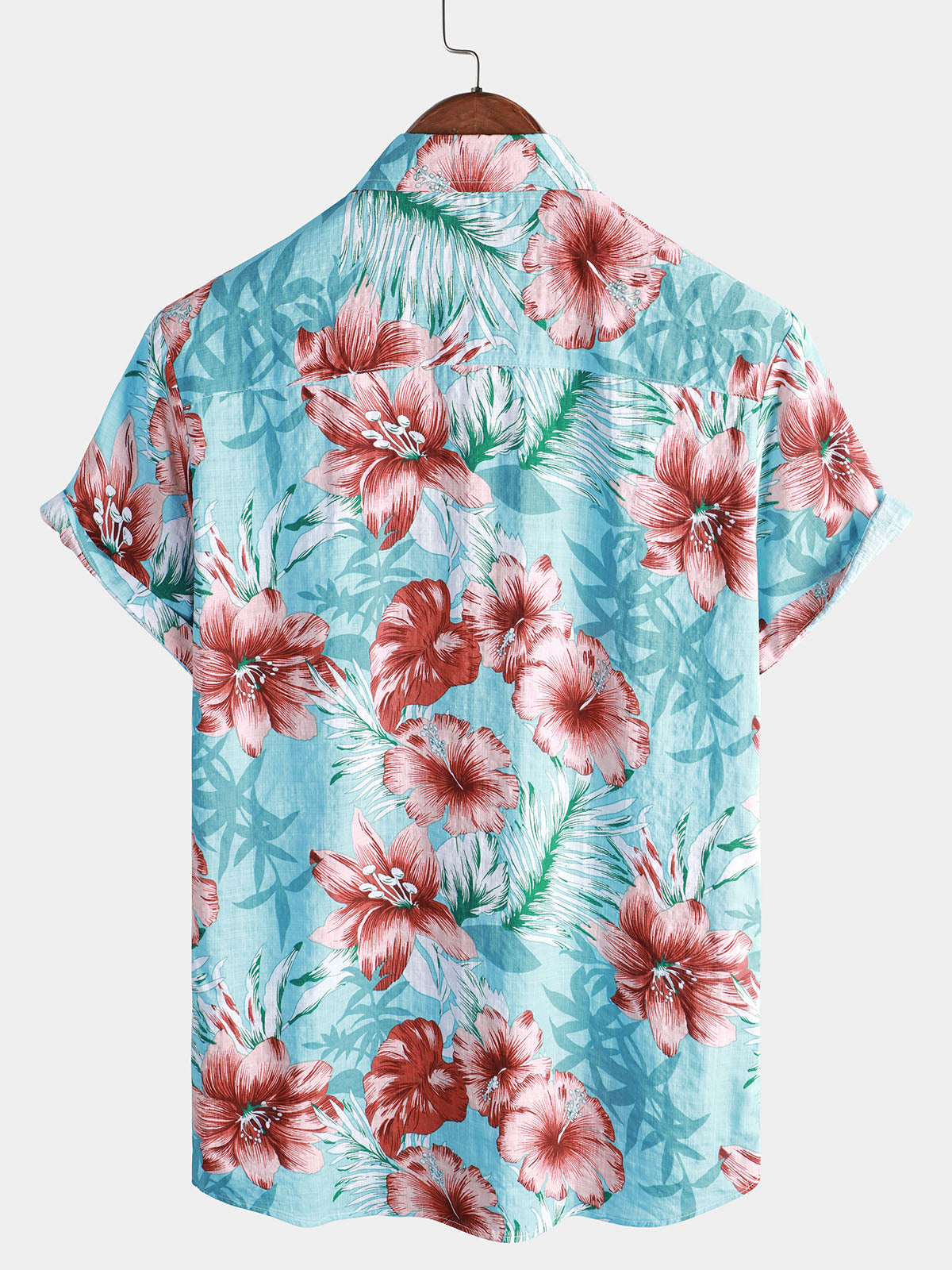 Men's Hawaiian Tropical Button Hibiscus Floral Print Vacation Beach Blue Short Sleeve Shirt