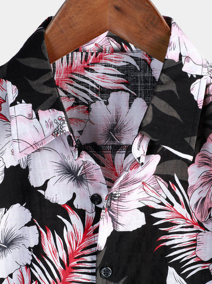 Men's Tropical Pink Floral Button Up Hibiscus Summer Holiday Beach Hawaiian Short Sleeve Shirt