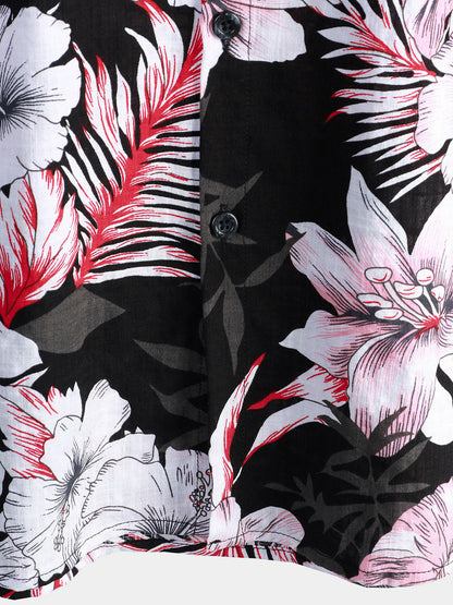 Men's Tropical Pink Floral Button Up Hibiscus Summer Holiday Beach Hawaiian Short Sleeve Shirt