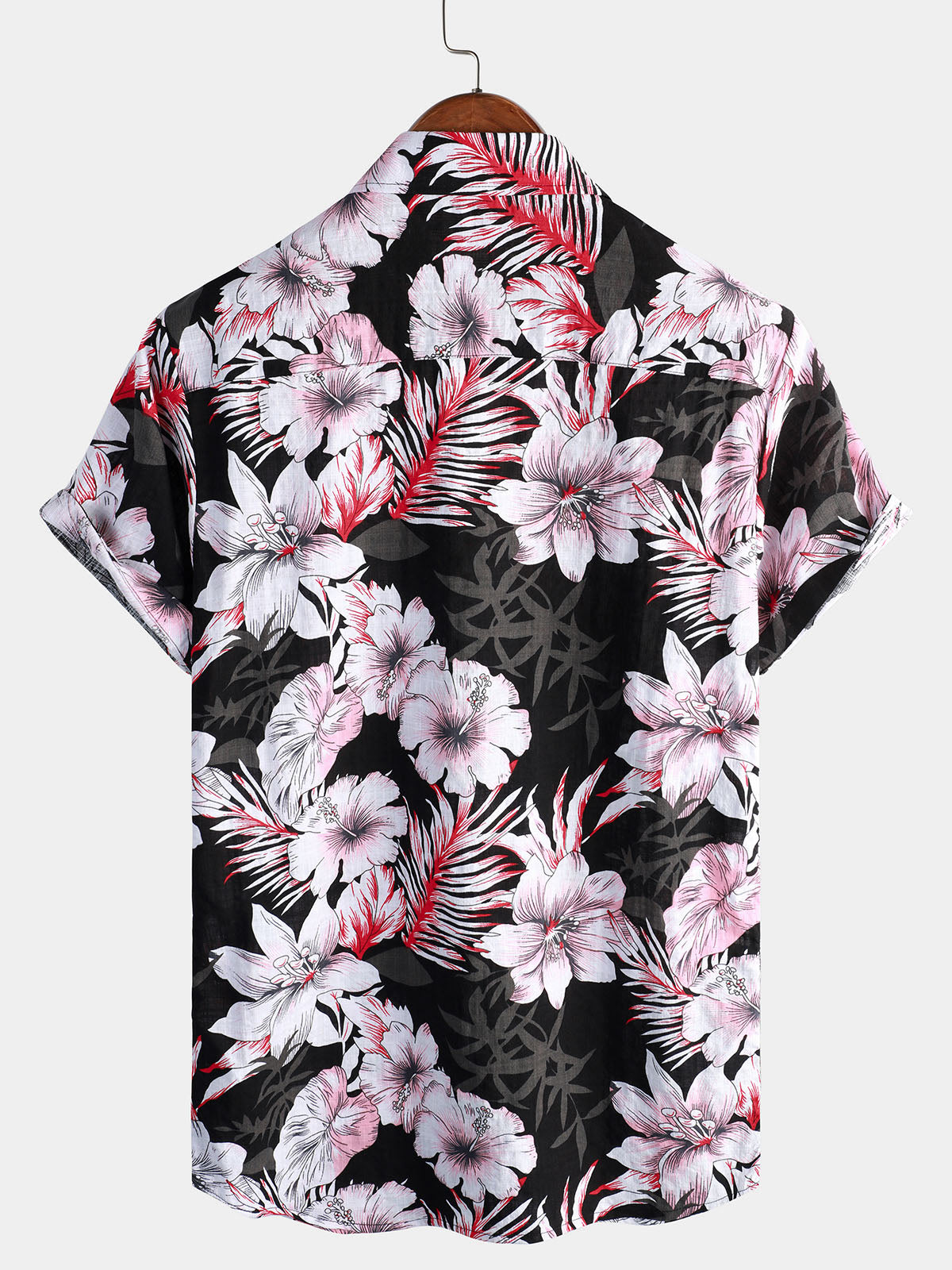Men's Tropical Pink Floral Button Up Hibiscus Summer Holiday Beach Hawaiian Short Sleeve Shirt