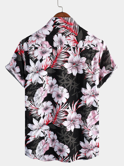 Men's Tropical Pink Floral Button Up Hibiscus Summer Holiday Beach Hawaiian Short Sleeve Shirt