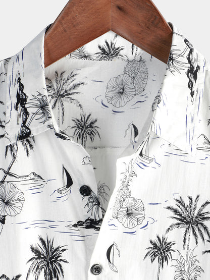 Men's Tropical Pineapple Palm Tree Print Aloha Short Sleeve White Hawaiian Shirt