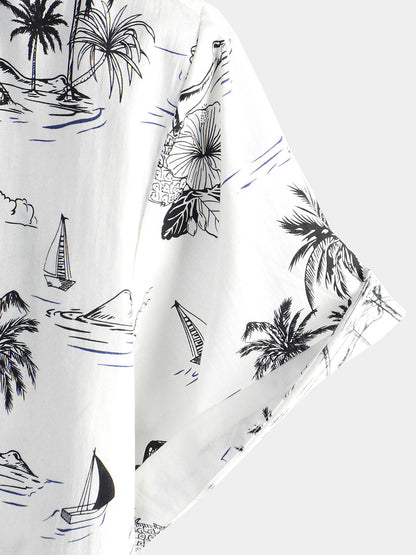 Men's Tropical Pineapple Palm Tree Print Aloha Short Sleeve White Hawaiian Shirt