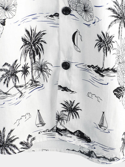 Men's Tropical Pineapple Palm Tree Print Aloha Short Sleeve White Hawaiian Shirt