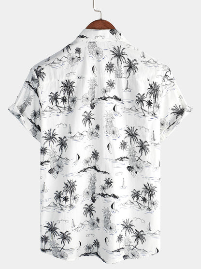 Men's Tropical Pineapple Palm Tree Print Aloha Short Sleeve White Hawaiian Shirt