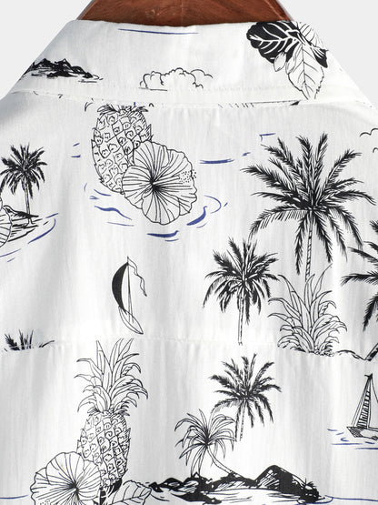 Men's Tropical Pineapple Palm Tree Print Aloha Short Sleeve White Hawaiian Shirt