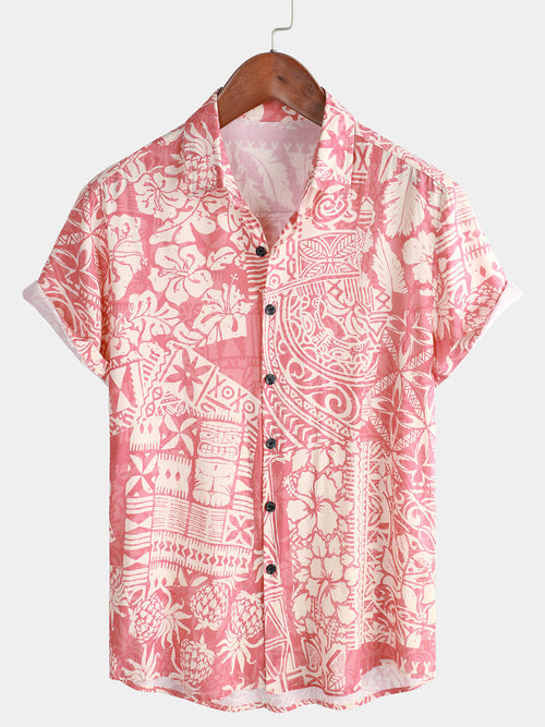 Men's Pink Tropical Floral Holiday Hawaiian Short Sleeve Button Up Shirt