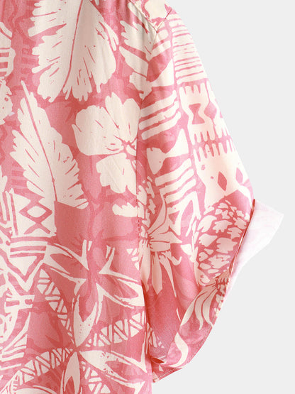 Men's Pink Tropical Floral Holiday Hawaiian Short Sleeve Button Up Shirt
