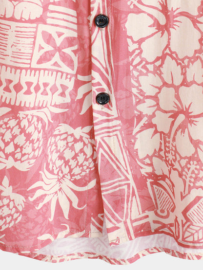 Men's Pink Tropical Floral Holiday Hawaiian Short Sleeve Button Up Shirt