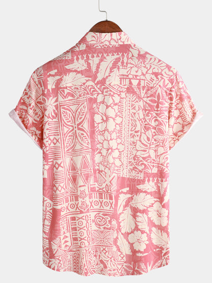 Men's Pink Tropical Floral Holiday Hawaiian Short Sleeve Button Up Shirt