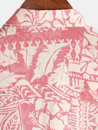 Men's Pink Tropical Floral Holiday Hawaiian Short Sleeve Button Up Shirt