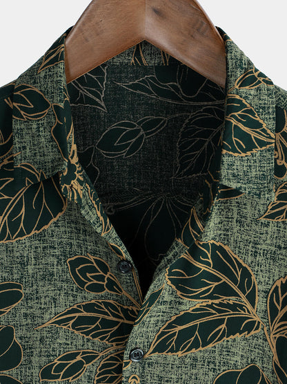 Men's Floral Vintage Green Summer Holiday Button Up Short Sleeve Shirt