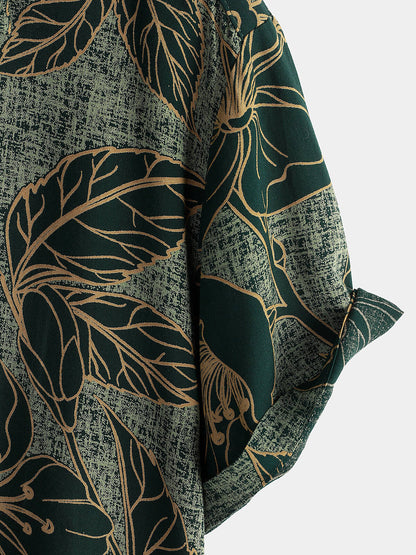Men's Floral Vintage Green Summer Holiday Button Up Short Sleeve Shirt