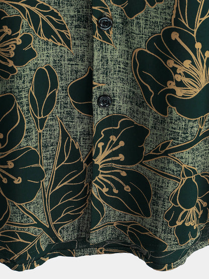 Men's Floral Vintage Green Summer Holiday Button Up Short Sleeve Shirt