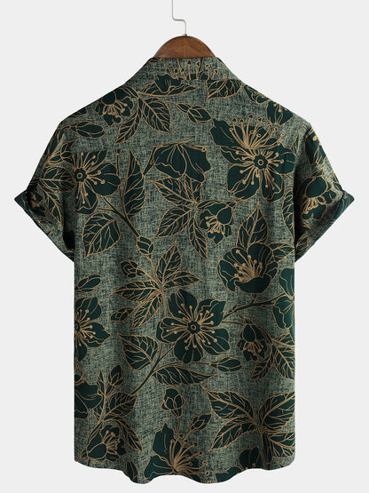 Men's Floral Vintage Green Summer Holiday Button Up Short Sleeve Shirt