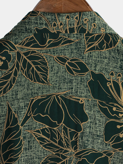Men's Floral Vintage Green Summer Holiday Button Up Short Sleeve Shirt