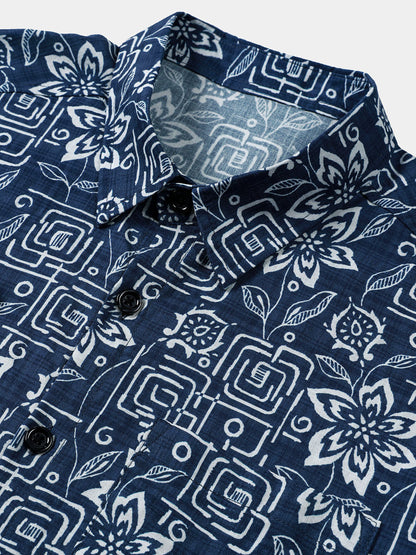 Men's Boho Casual Navy Blue Geometric Floral Print Short Sleeve Shirt