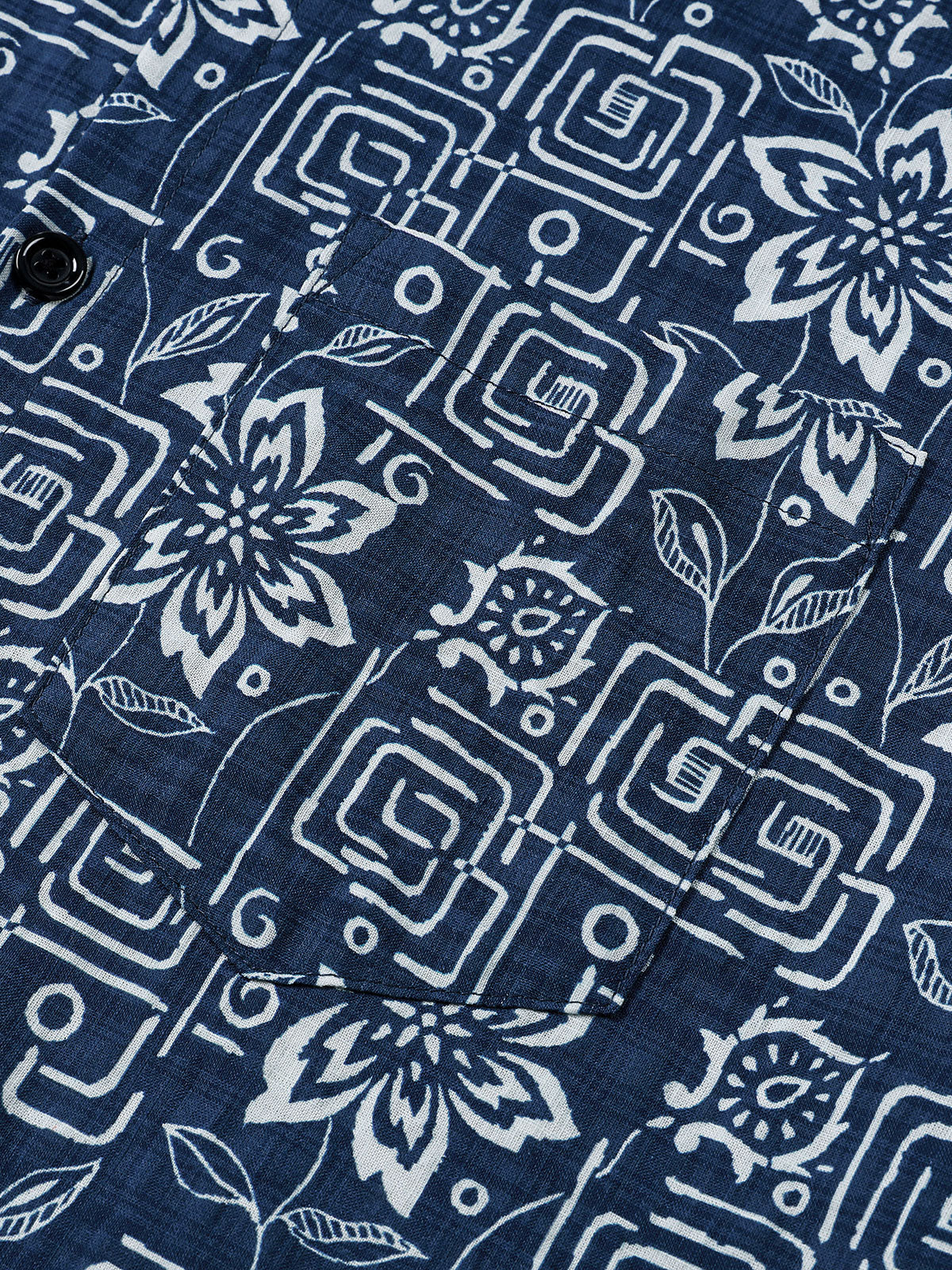 Men's Boho Casual Navy Blue Geometric Floral Print Short Sleeve Shirt