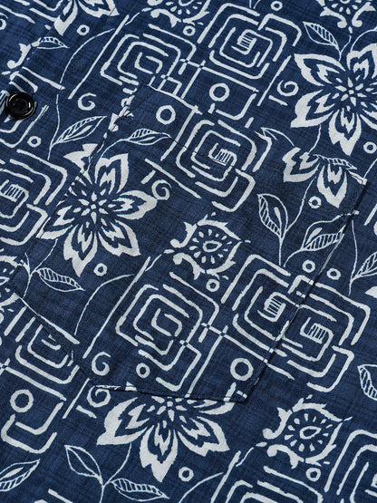 Men's Boho Casual Navy Blue Geometric Floral Print Short Sleeve Shirt