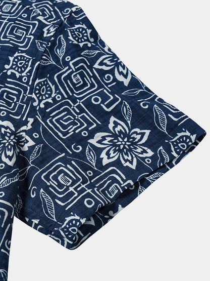Men's Boho Casual Navy Blue Geometric Floral Print Short Sleeve Shirt