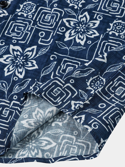 Men's Boho Casual Navy Blue Geometric Floral Print Short Sleeve Shirt