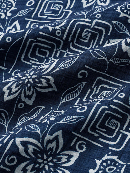 Men's Boho Casual Navy Blue Geometric Floral Print Short Sleeve Shirt