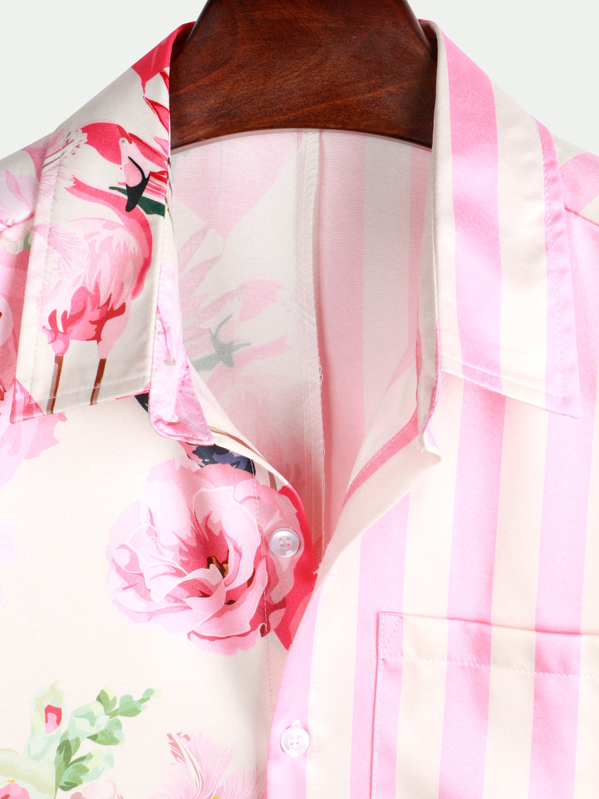 Men's Tropical Flamingo Pink Striped Print Pocket Hawaiian Short Sleeve Shirt