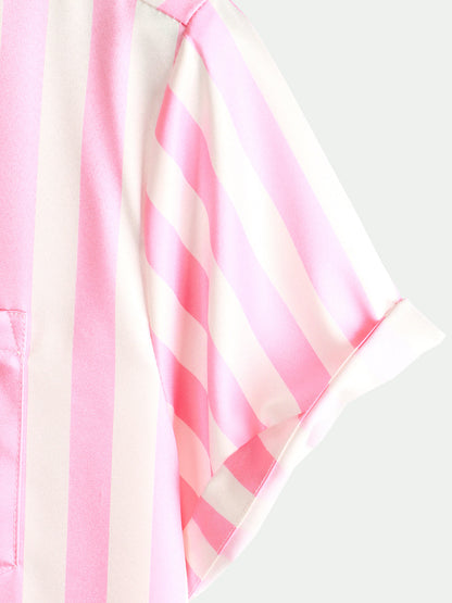 Men's Tropical Flamingo Pink Striped Print Pocket Hawaiian Short Sleeve Shirt