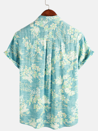Men's Vintage Hawaiian Tropical Floral Print Pocket Beach Summer Short Sleeve Button Shirt