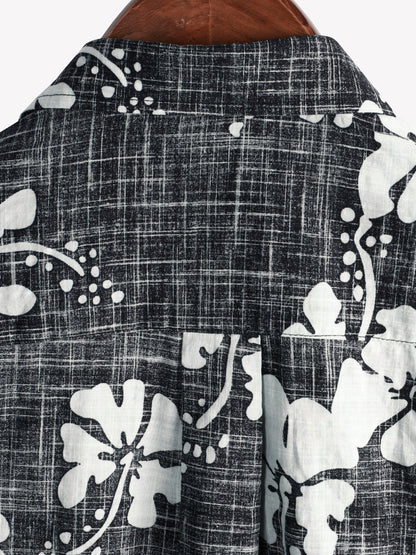 Men's Black Floral Vintage Short Sleeve Button Up Beach Tropical Hawaiian Shirt