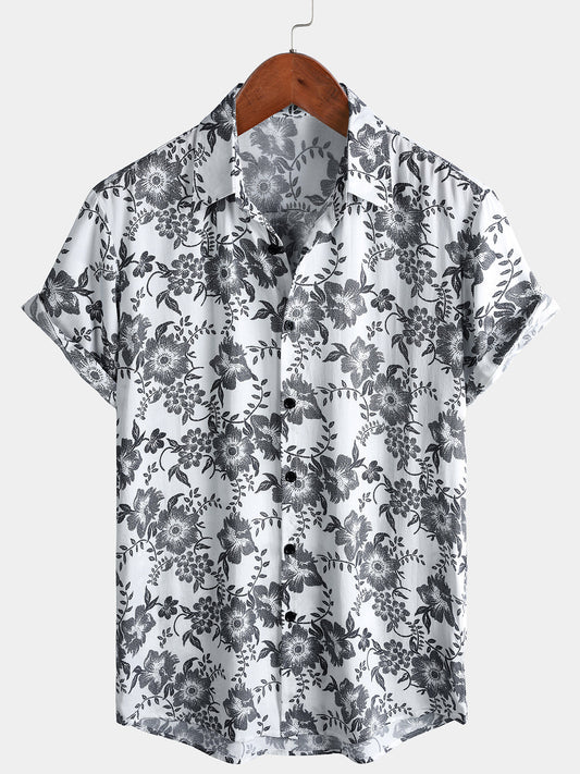 Men's Vintage Black and White Floral Vine Print Resort Shirt