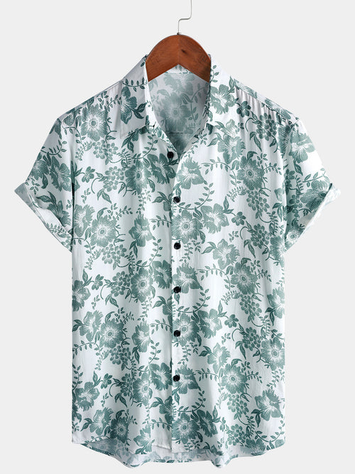 Men's Vintage Green Floral Vine Print Shirt - Breathable Wear