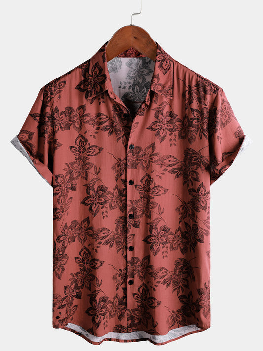 Men's Retro Floral Casual Vacation Button Up Short Sleeve Shirt