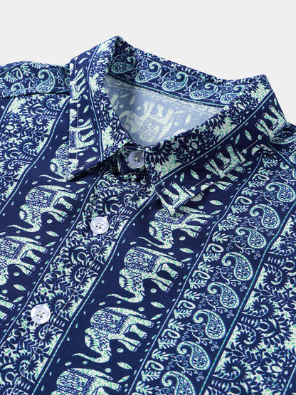 Men’s Retro Lightweight Breathable Elephant Print Short Sleeve Cool Casual Summer Shirt