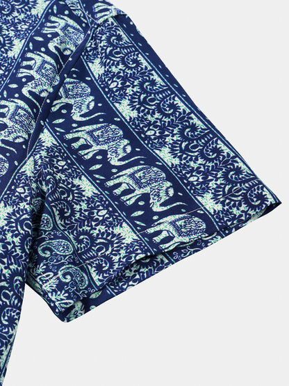 Men’s Retro Lightweight Breathable Elephant Print Short Sleeve Cool Casual Summer Shirt