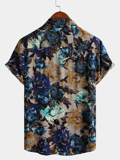 Men's Vintage Floral Print Short Sleeve Button Up Shirt