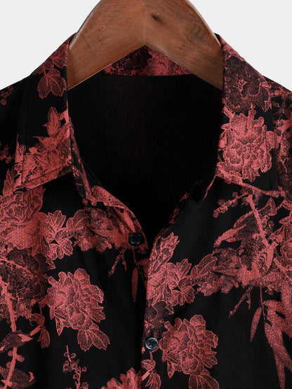 Men's Red & Black Retro Floral Button Up Beach Shirt