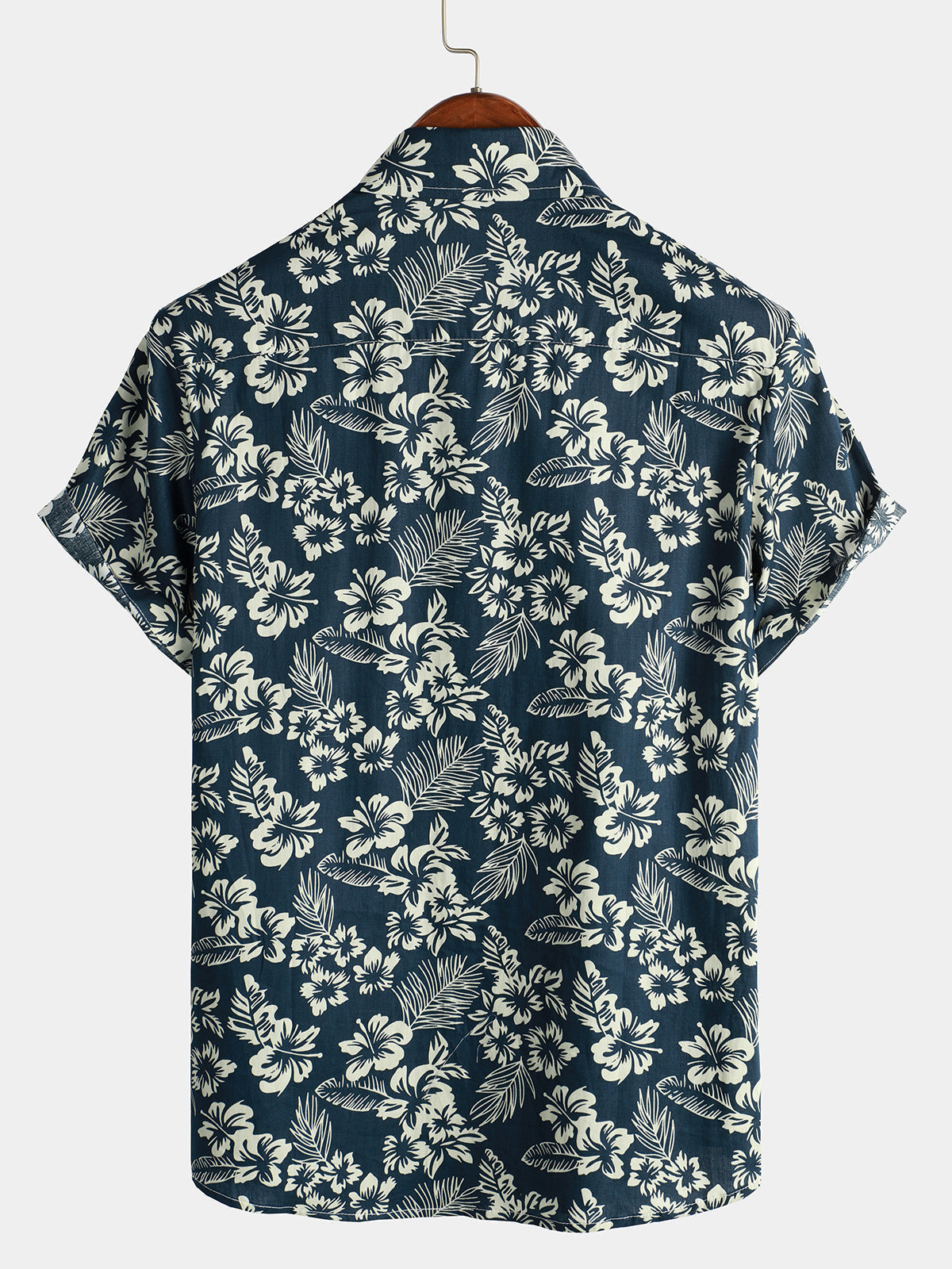 Men's Floral Print Vacation Cotton Breathable Navy Blue Hawaiian Short Sleeve Aloha Shirt