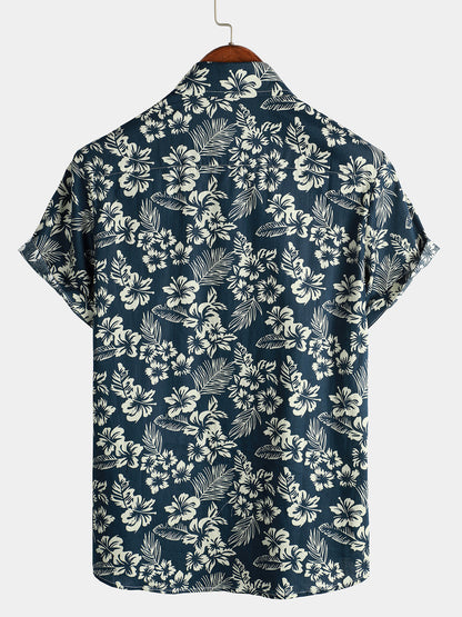 Men's Floral Print Vacation Cotton Breathable Navy Blue Hawaiian Short Sleeve Aloha Shirt