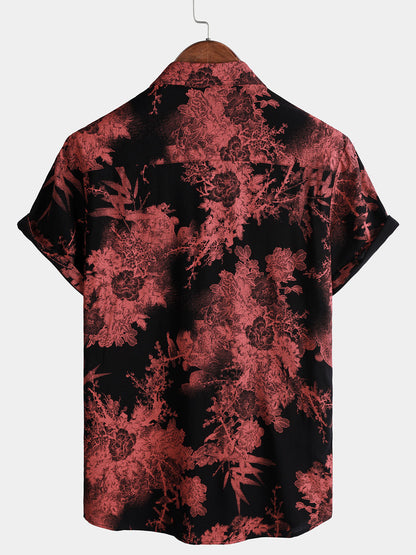 Men's Red & Black Retro Floral Button Up Beach Shirt
