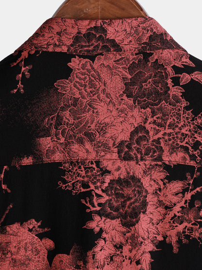 Men's Red & Black Retro Floral Button Up Beach Shirt