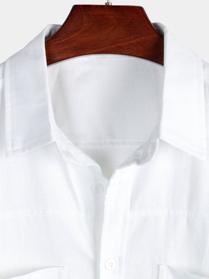 Men's Cotton & Linen Chest Pockets Solid Color Short Sleeve Shirt